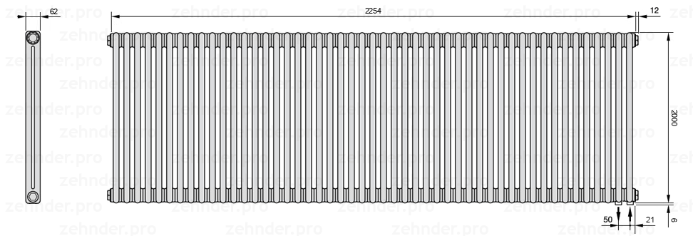 Схема (чертеж) Радиатор Zehnder Charleston 2200/49 №5510 Белый глянцевый RAL 9016